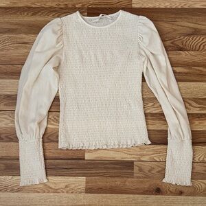 Anthropologie Cream Smocked Long Sleeve Blouse